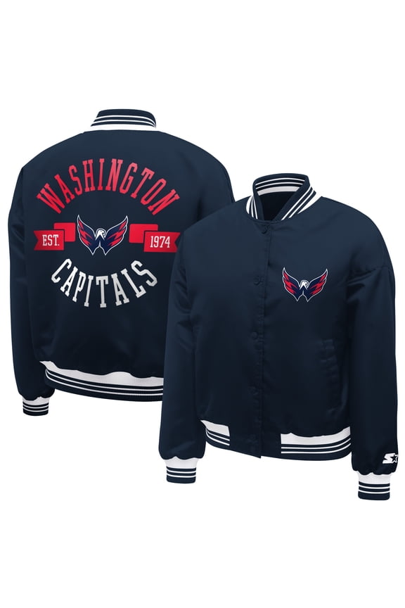 Women's Starter Navy Washington Capitals Printed Round Team Logo Satin Varsity Full-Snap Jacket
