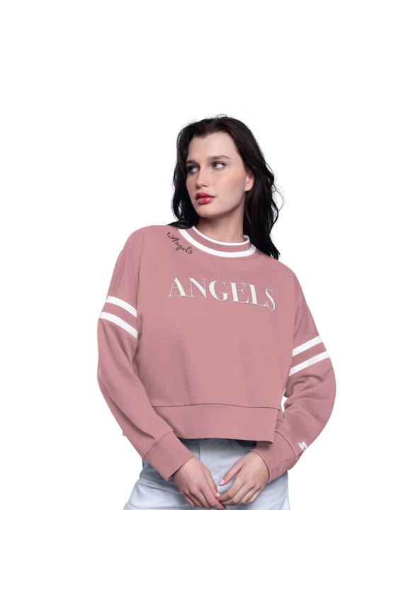 Women's-Starter Pink Los Angeles Angels Power Play Cropped Pullover Sweatshirt