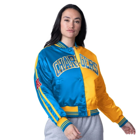 Women's Starter Powder Blue/Gold Los Angeles Chargers Zone Blitz Cropped Full-Snap Satin Jacket