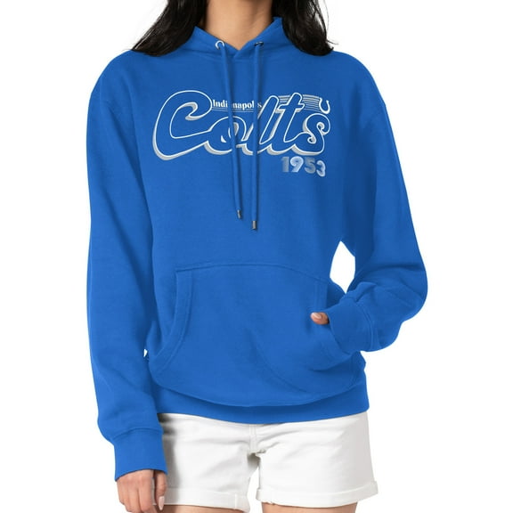 Women's Starter Royal Indianapolis Colts Groovy Script Pullover Hoodie