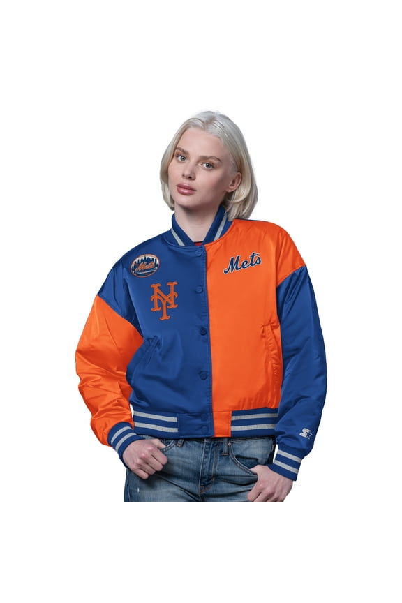 Women's Starter Royal/Orange New York Mets Offside Cropped Full-Snap Varsity Jacket