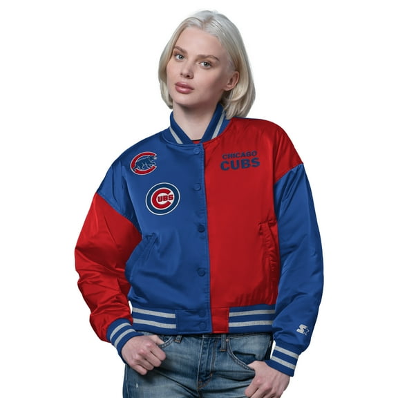 Women's Starter Royal/Red Chicago Cubs Offside Cropped Full-Snap Varsity Jacket