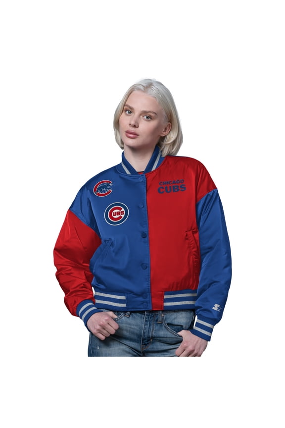 Women's Starter Royal/Red Chicago Cubs Offside Cropped Full-Snap Varsity Jacket