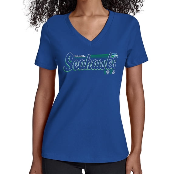 Women's Starter Royal Seattle Seahawks Throwback Groovy Script V-Neck T-Shirt