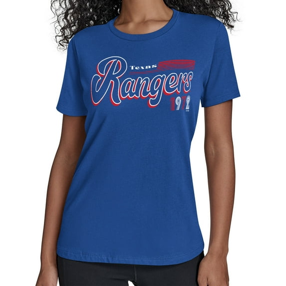 Women's Starter Royal Texas Rangers Groovy Script Team Fitted T-Shirt