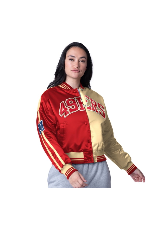 Women's Starter Scarlet/Gold San Francisco 49ers Zone Blitz Cropped Full-Snap Satin Jacket