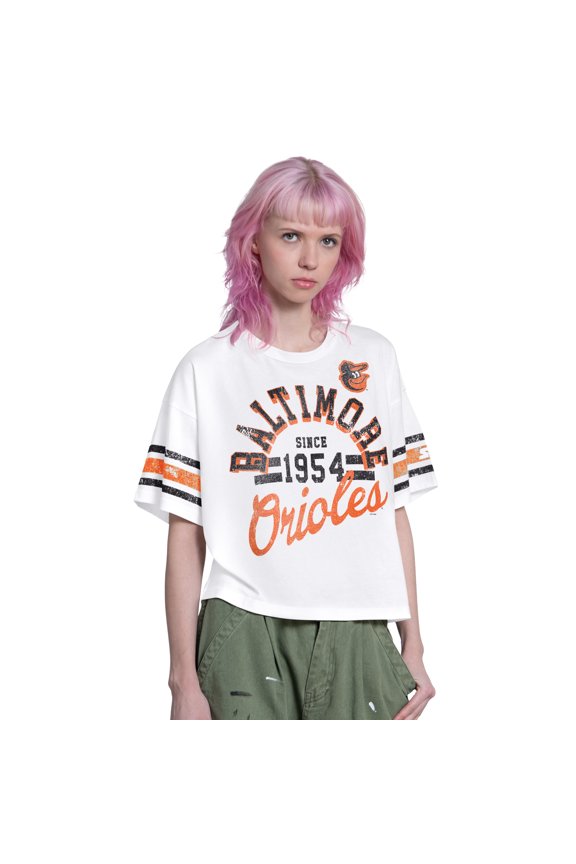 Women's Starter White Baltimore Orioles Cropped Hurry Up Offense T-Shirt