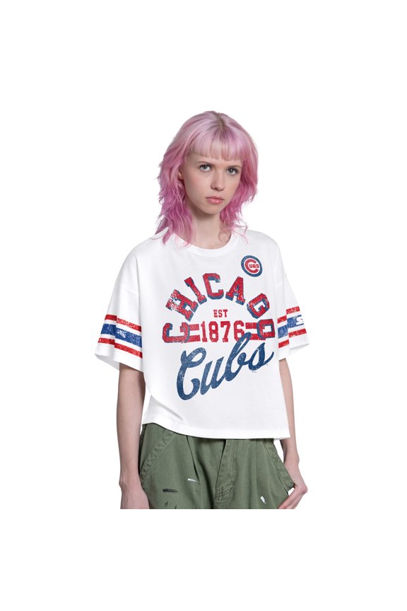 Women's Starter White Chicago Cubs Cropped Hurry Up Offense T-Shirt
