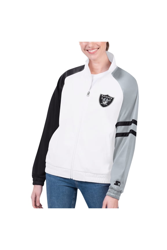 Women's Starter White Las Vegas Raiders Curve Ball Raglan Full-Zip Track Jacket