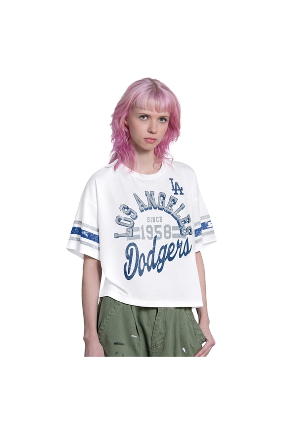 Women's Starter White Los Angeles Dodgers Cropped Hurry Up Offense T-Shirt