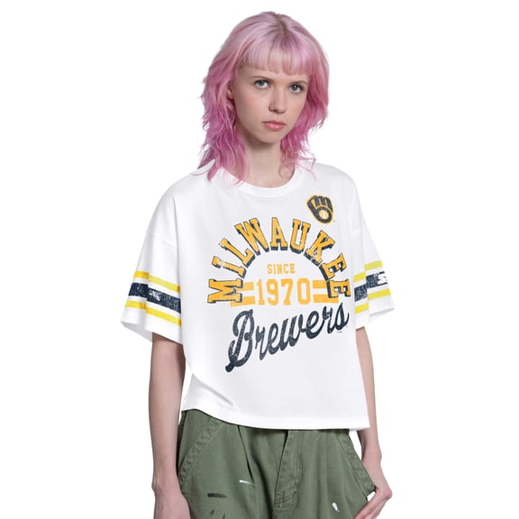 Women's Starter White Milwaukee Brewers Cropped Hurry Up Offense T-Shirt