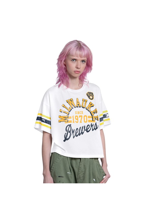 Women's Starter White Milwaukee Brewers Cropped Hurry Up Offense T-Shirt