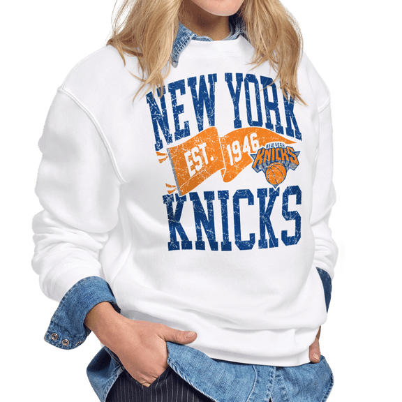 Women's Starter White New York Knicks Pennant Fleece Sweatshirt