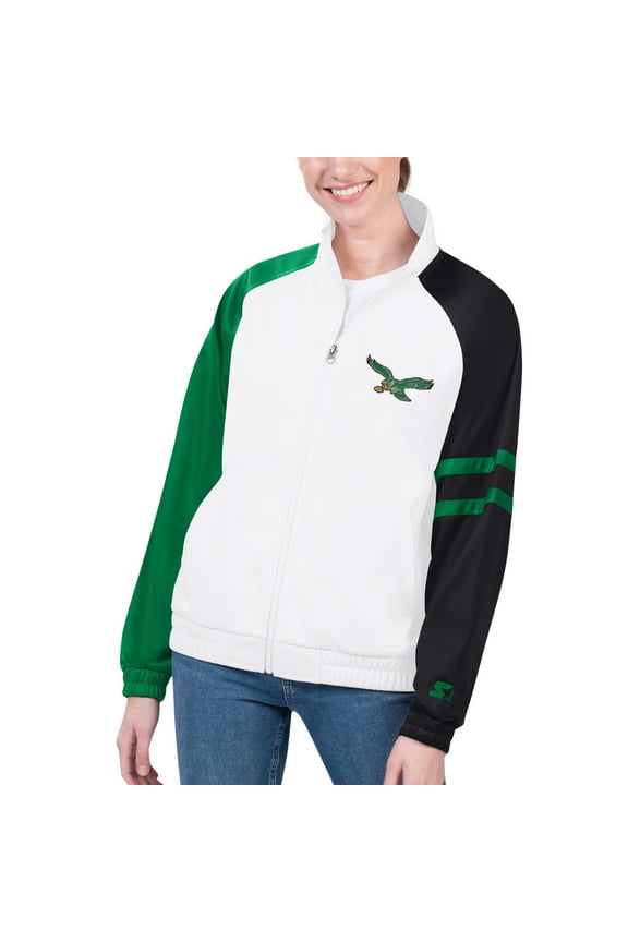 Women's Starter White Philadelphia Eagles Curve Ball Raglan Full-Zip Track Jacket