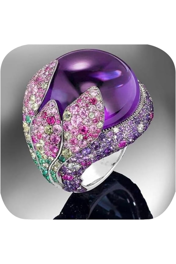 Women's Statement Rings Luxury Deep Purple Simulated Pearl Stunning Cocktail Exaggerated Big Ring Rainbow Colored Gem Full Crystal Petals Anniversary Wedding Band for Women (Size 10)