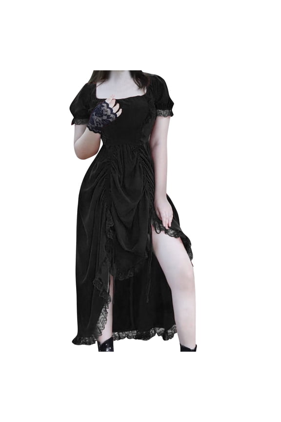 Women's Steam Punk Gothic Retro Short Sleeved Lace Stitching Dress