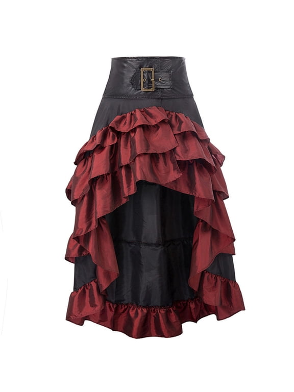 Women's Steampunk Gothic High Low Ruffle Victorian Renaissance Bustle Layered Skirt for Halloween