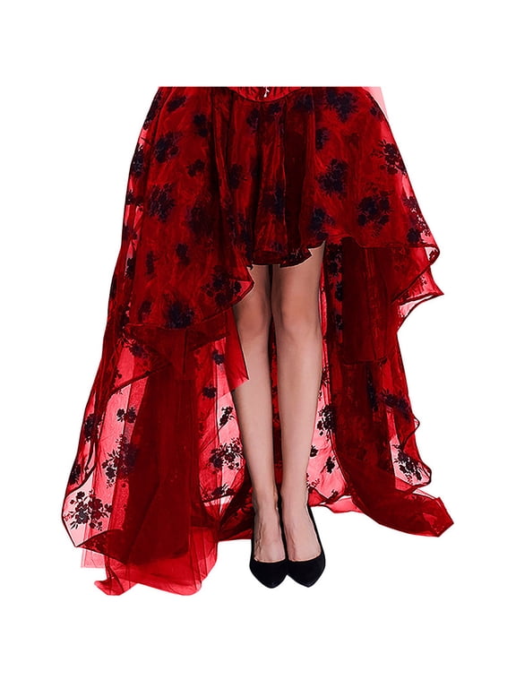 Women's Steampunk Gothic Skirts Floral Print Mesh High Low Maxi Skirts Halloween Costume Wedding Party Casual Wear Wine M