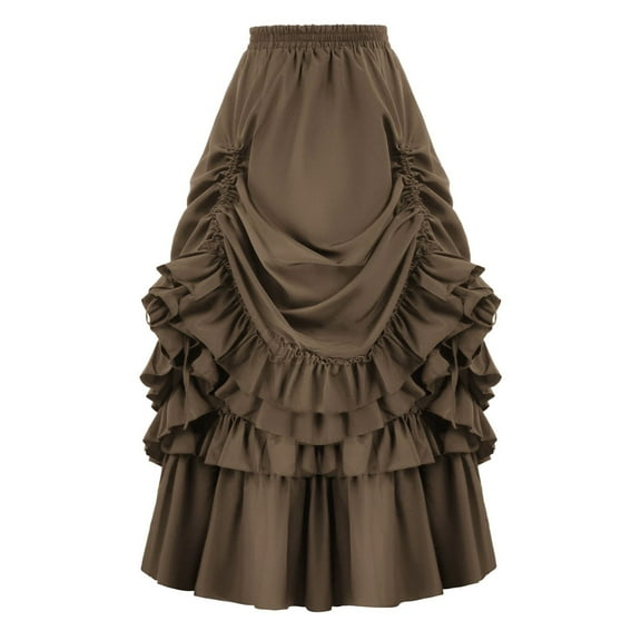 Women's Steampunk Gothic Wrap Victorian Ruffle Layered Pleated Skirts (Brown M)