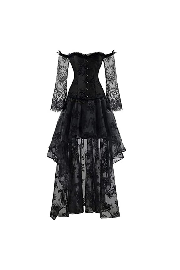 Women's Steampunk Lace Bustier Corset Off Shoulder Top Corset with High Low Skirt Party wear - Black