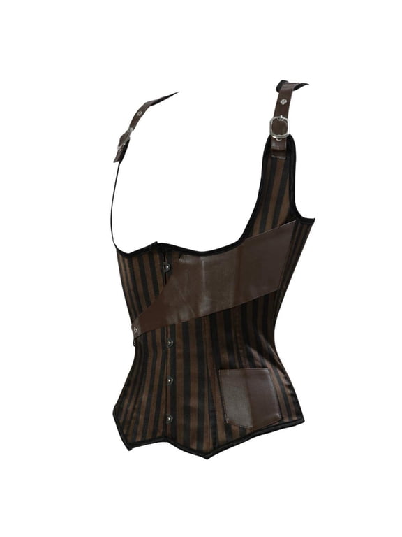 Women's Steampunk Striped Party Night Underbust Corset Bustiers Top Brown M