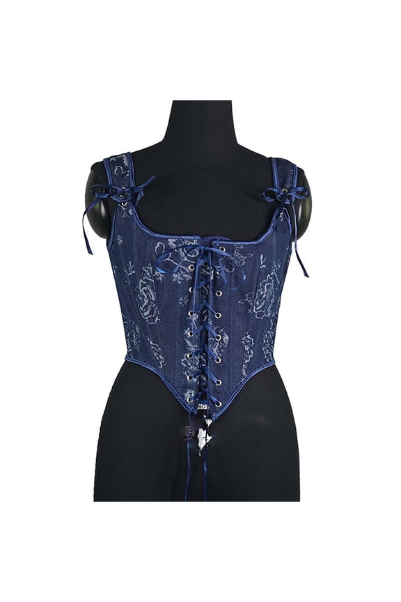 Women's Steel Boned Corset Tops Renaissance Floral Embroidery Adjustable Bow Tie Straps Body Suit Shapewear for Going Out Blue M