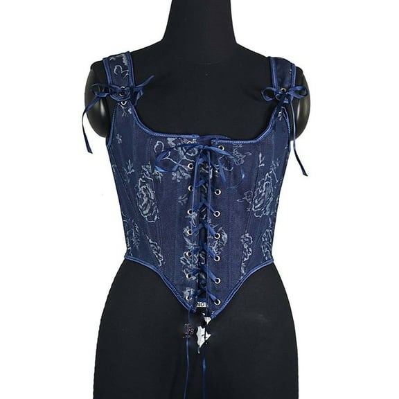 Women's Steel Boned Corset Tops Renaissance Floral Embroidery Adjustable Bow Tie Straps Body Suit Shapewear for Going Out Blue S
