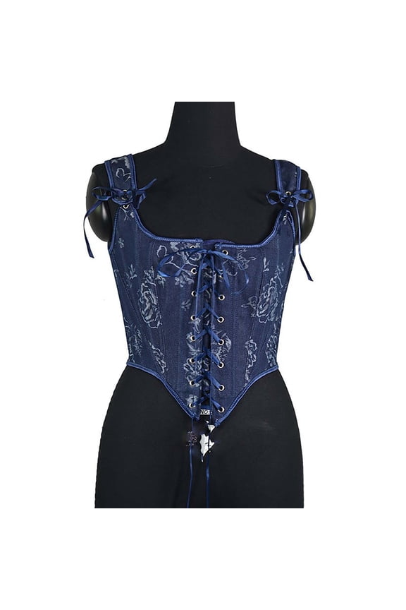 Women's Steel Boned Corset Tops Renaissance Floral Embroidery Adjustable Bow Tie Straps Body Suit Shapewear for Going Out Blue XL