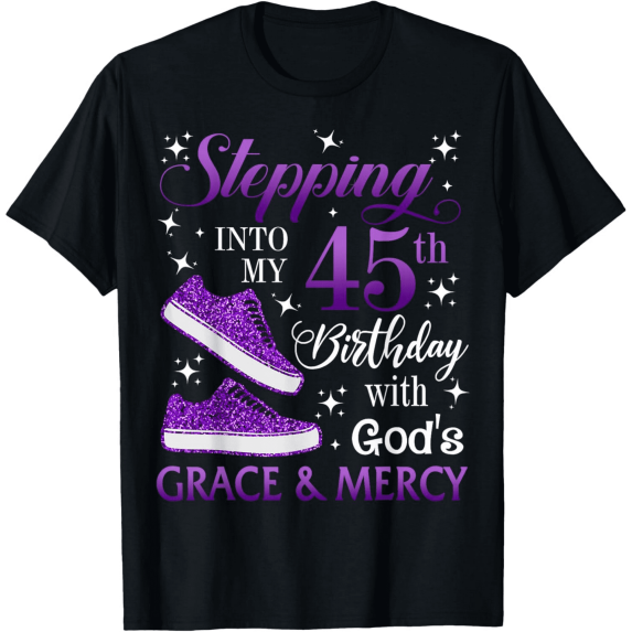 Women's Stepping Into 45th Birthday T-Shirt, Purple Glitter Sneaker Graphic, Milestone Celebration Gift Tee