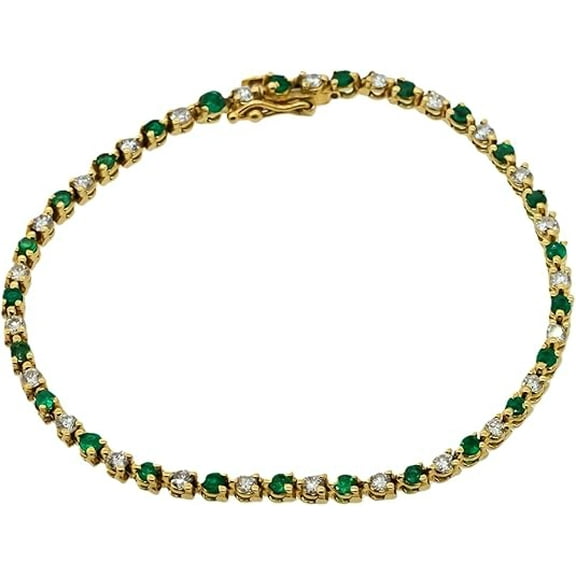 Women's Sterling Silver 14K Gold Plated Tennis Bracelet with Emerald and Lab Created Stone Alternating Pattern, Classic Safety Clasp