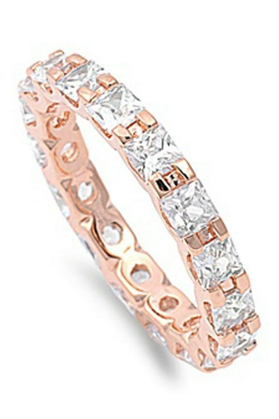 Women's Sterling Silver 14K Rose Gold Plated Princess CZ Rose Tone Eternity Ring Band 3MM ( Size 4 to 12 )
