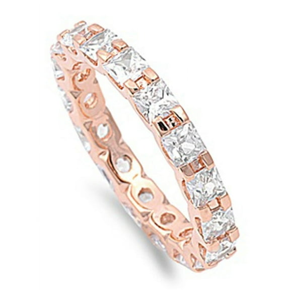 Women's Sterling Silver 14K Rose Gold Plated Princess CZ Rose Tone Eternity Ring Band 3MM ( Size 4 to 12 )