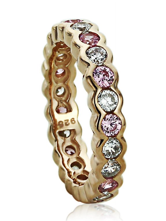 Women's Sterling Silver 14K Rose Gold Plated Round White & Pink CZ Flat Top Wedding Eternity Ring ( Size 5 to 9 )