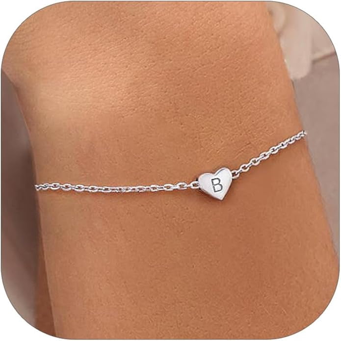 Women's Silver Bracelet, Initial Heart Charm Chain with Letter B | Silver
