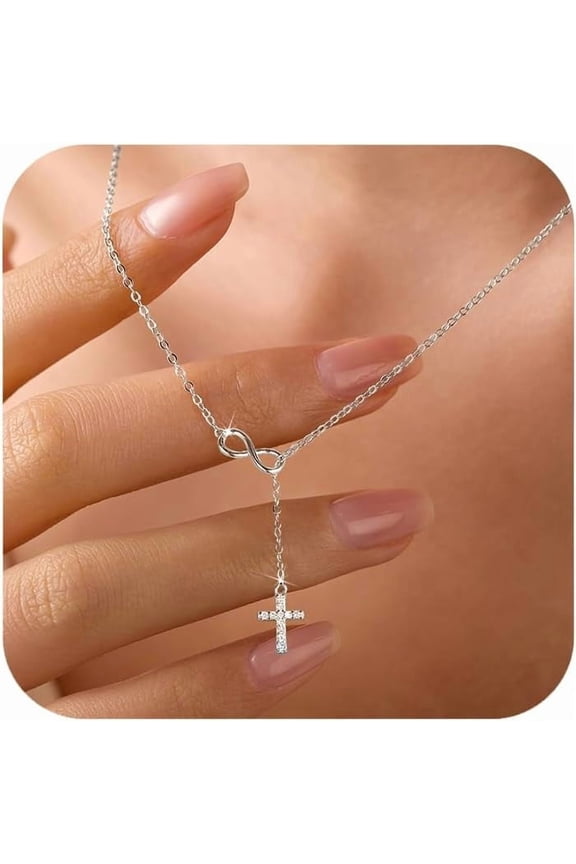 Women's Silver plated Cross Infinity Necklace with Rhinestone Long Chain Pendant Delicate Y-Shaped Christian Faith Chain Necklace Religious Easter Christmas Baptism Gift Mother's Day Gift
