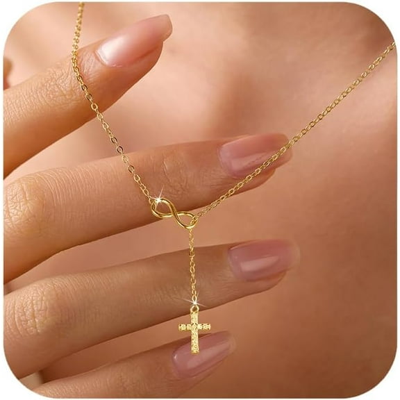 Women's Sterling Silver Cross Infinity Necklace with Rhinestone Long Chain Pendant Delicate Y-Shaped Christian Faith Chain Necklace Religious Easter Christmas Baptism Gift Mother's Day Gift