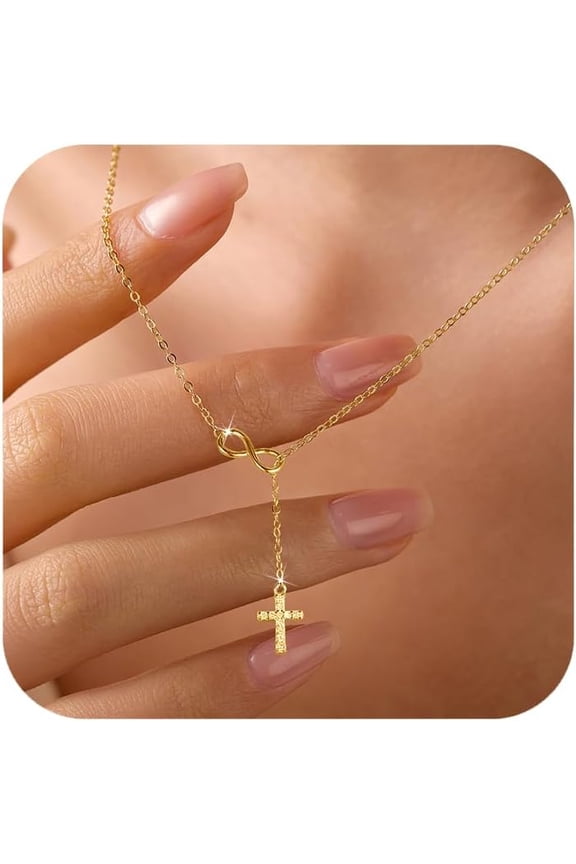 Women's Sterling Silver Cross Infinity Necklace with Rhinestone Long Chain Pendant Delicate Y-Shaped Christian Faith Chain Necklace Religious Easter Christmas Baptism Gift Mother's Day Gift