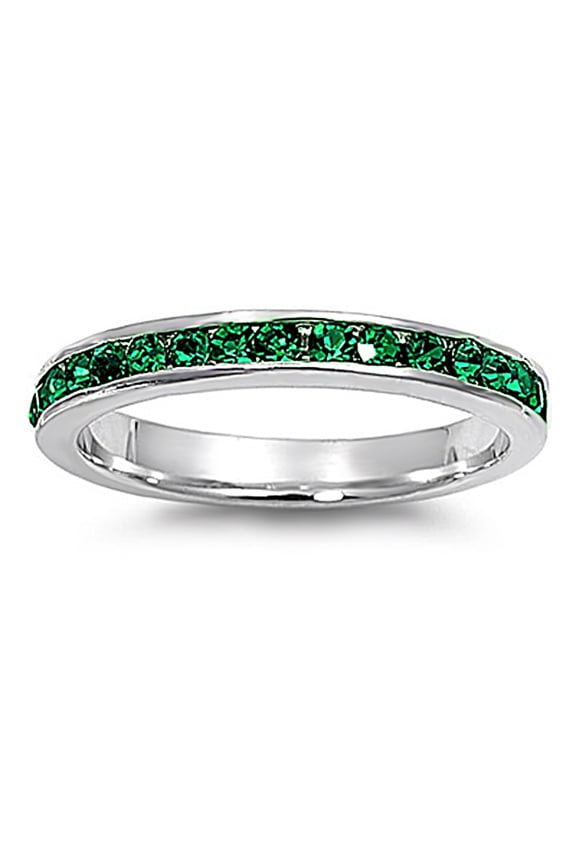 Women's Sterling Silver Green Color CZ Eternity Ring 3MM ( Size 3 to 12 )