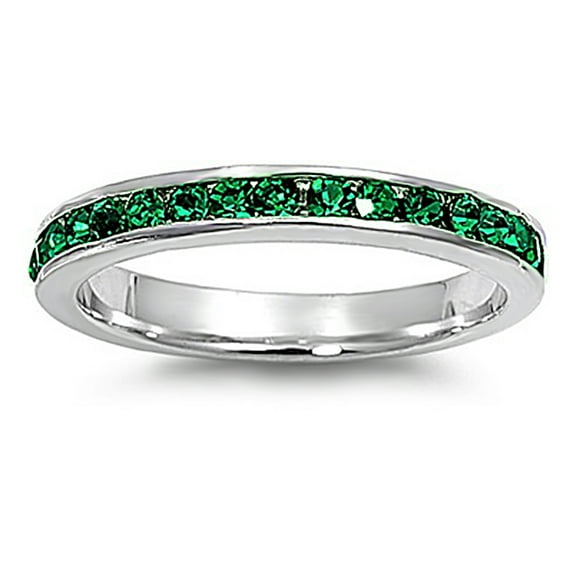 Women's Sterling Silver Green Color CZ Eternity Ring 3MM ( Size 3 to 12 )