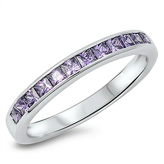 Women's Sterling Silver Princess Purple CZ Channel Set Ring Wedding Band 3MM ( Size 5 to 10 )