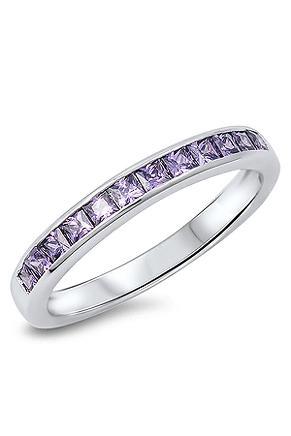 Women's Sterling Silver Princess Purple CZ Channel Set Ring Wedding Band 3MM ( Size 5 to 10 )