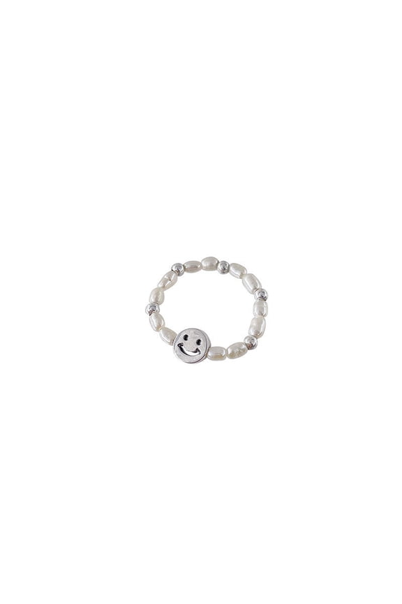 Women's Sterling Silver Smiling Face Pearl Elastic Ring