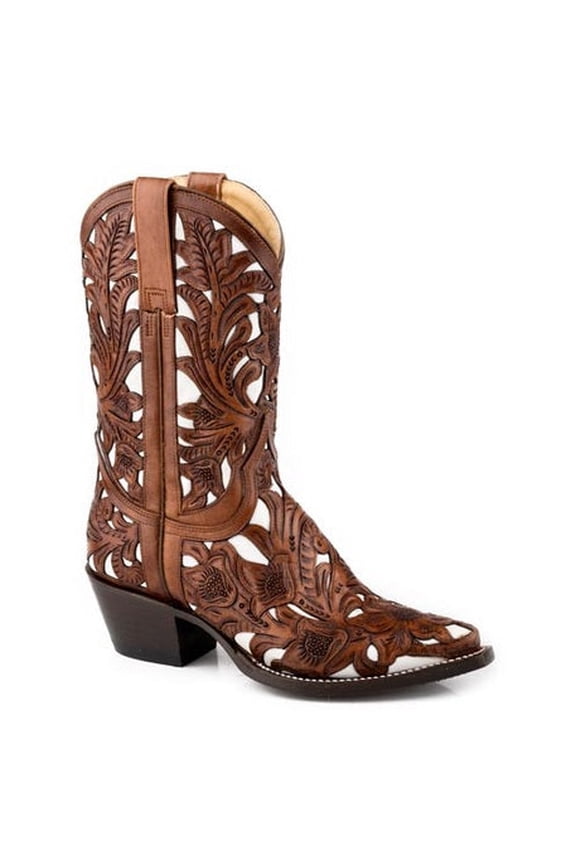 Women's Stetson Abilene Leather Boots Snip Toe Handcrafted Brown