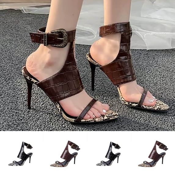 Women's Stiletto Heels for Women Trendy Pointed Toe Crocodile Embossed Faux Leather Ankle Strap Sandals Comfortable Snake Print Stiletto Pumps Party Fashion Plus Size Wide Width Brown Shoes for Women