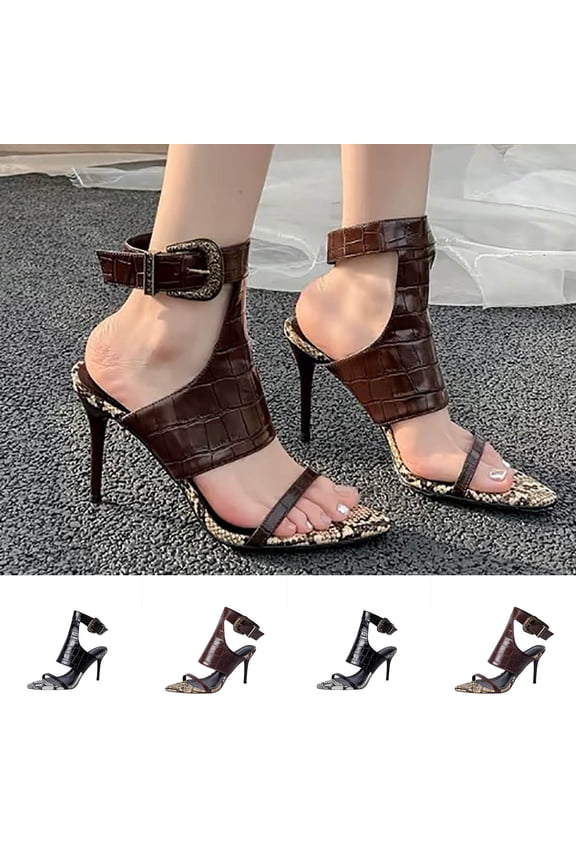 Women's Stiletto Heels for Women Trendy Pointed Toe Crocodile Embossed Faux Leather Ankle Strap Sandals Comfortable Snake Print Stiletto Pumps Party Fashion Plus Size Wide Width Brown Shoes for Women