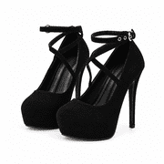 Womens Platform High Heels, Closed Toe Faux Suede Ankle Strap Stiletto Dress Shoes