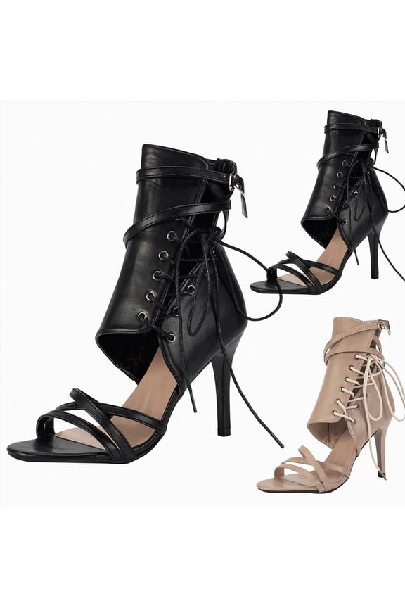 Women's Stiletto High Heel Sandals Cut out Lace up Open Toe Strappy Zipper Ankle Booties Leather Summer Party Shoes Khaki Size 6