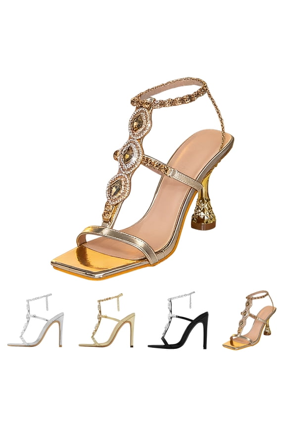 Women's Stiletto High Heel Sandals Sparkly Rhinestone Strappy Gladiator Sexy Pointed Open Toe Dressy Shoes Gold Size 6
