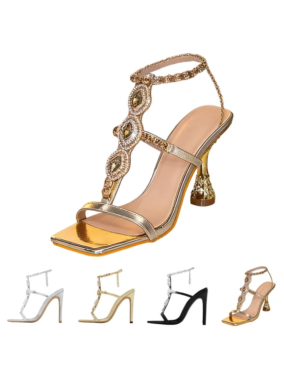 Women's Stiletto High Heel Sandals Sparkly Rhinestone Strappy Gladiator Sexy Pointed Open Toe Dressy Shoes Gold Size 7.5