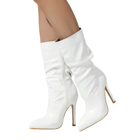 Women's Stiletto High Heels Dressy Boots for Ladies Sexy Slouch Leather Pointed Toe Pumps Mid Calf Zipper Boots